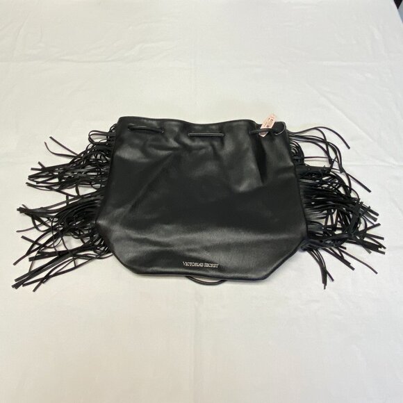 Victoria's Secret Faux Leather Fringed Slide Closure Backpack Tote Black NWT - Picture 6 of 15